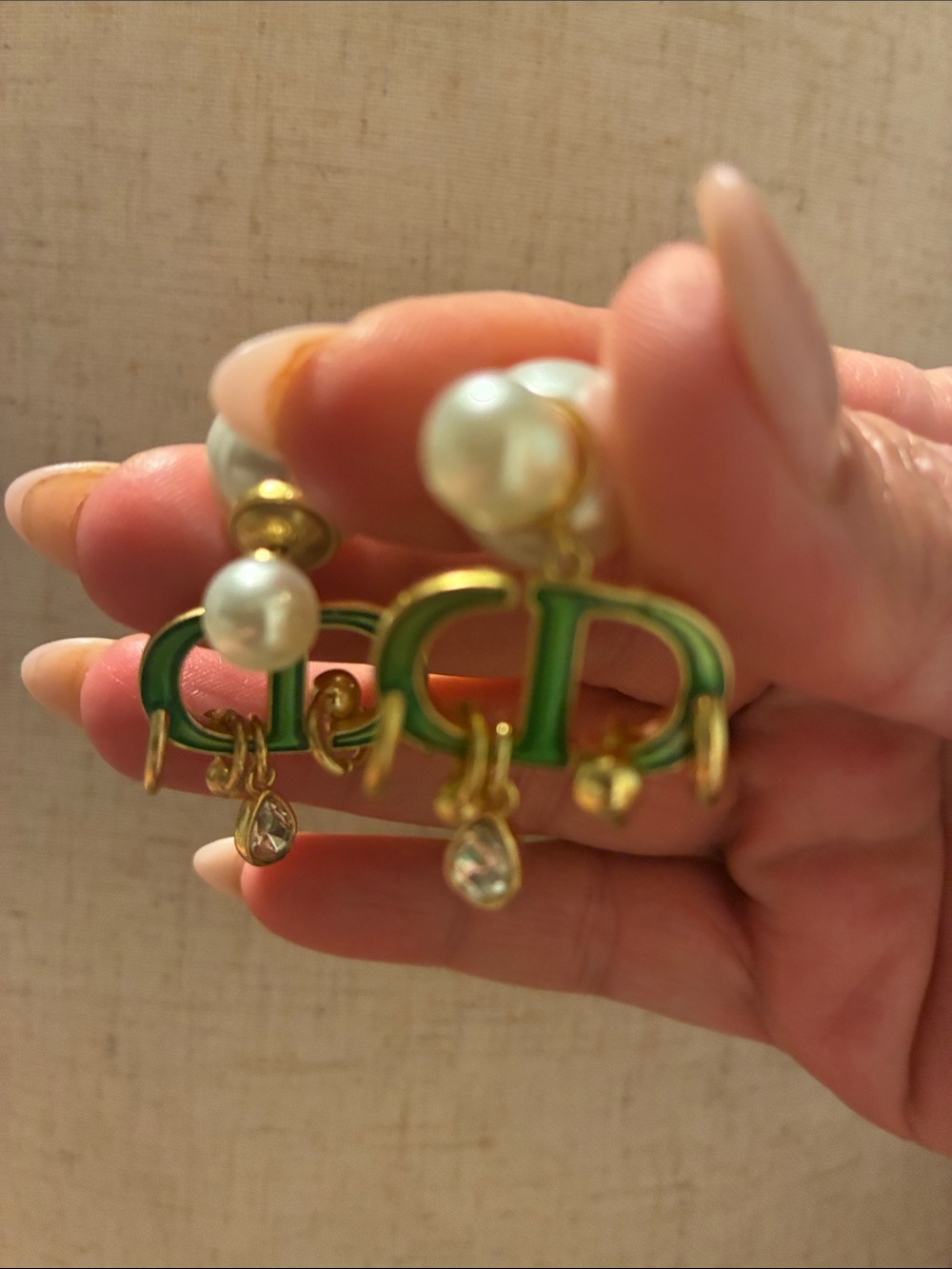 Dior Gold-Tone Tribales Green Enamel Pearl Drop Earrings